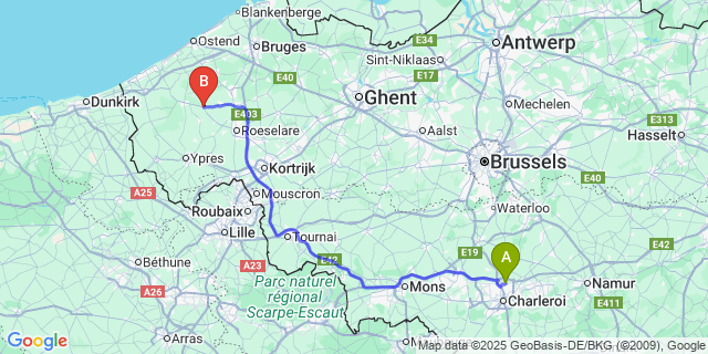 Map: Charleroi Airport Brussels South (CRL) to Zarren-Werken
