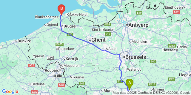 Map: Charleroi Airport Brussels South (CRL) to Zeebrugge (Brugge)