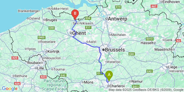 Map: Charleroi Airport Brussels South (CRL) to Zelzate