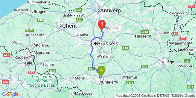 Map: Charleroi Airport Brussels South (CRL) to Zemst