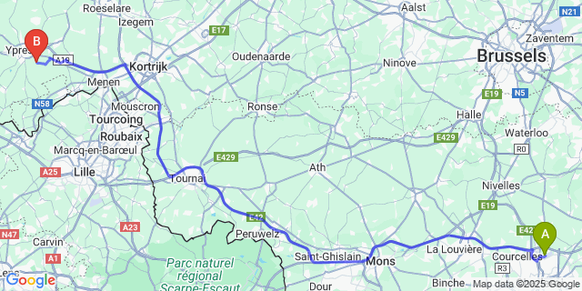 Map: Charleroi Airport Brussels South (CRL) to Zillebeke