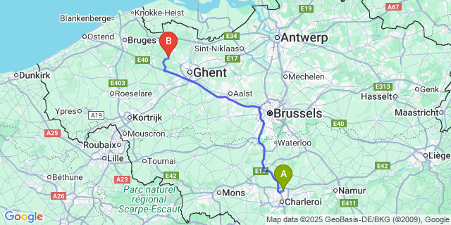 Map: Charleroi Airport Brussels South (CRL) to Zomergem