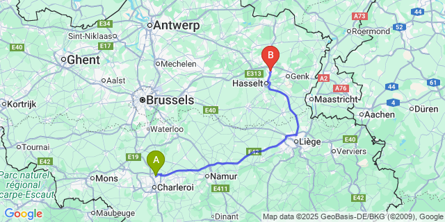 Map: Charleroi Airport Brussels South (CRL) to Zonhoven