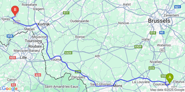 Map: Charleroi Airport Brussels South (CRL) to Zonnebeke