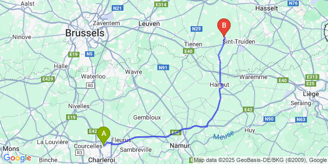Map: Charleroi Airport Brussels South (CRL) to Zoutleeuw