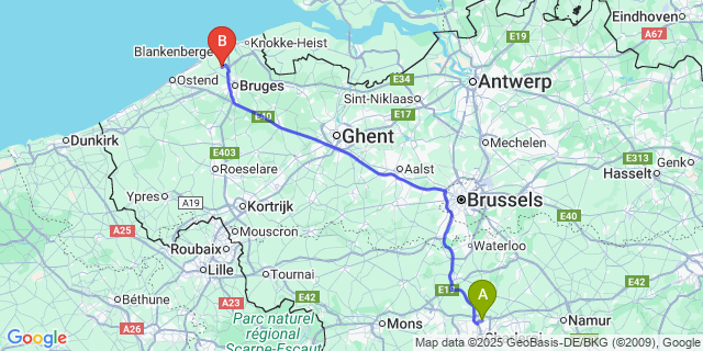 Map: Charleroi Airport Brussels South (CRL) to Zuienkerke