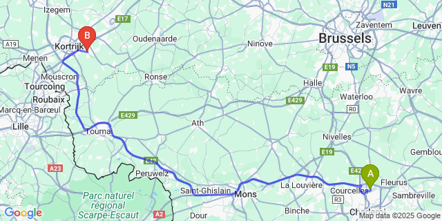 Map: Charleroi Airport Brussels South (CRL) to Zwevegem