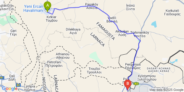 Map: Ercan Airport (ECN) to Lapis Complex