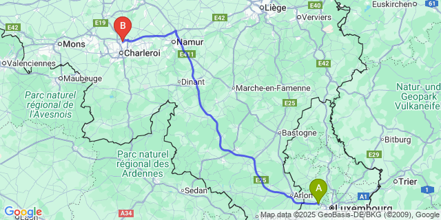 Map: Charleroi Airport Brussels South (CRL) to Mamer