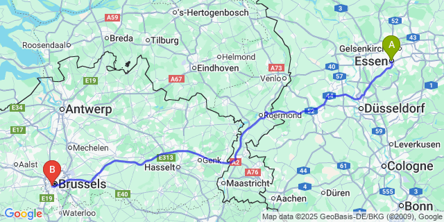 Map: Brussels Midi Train Station to Essen