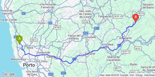 Map: Porto Airport (OPO) to Codeçoso